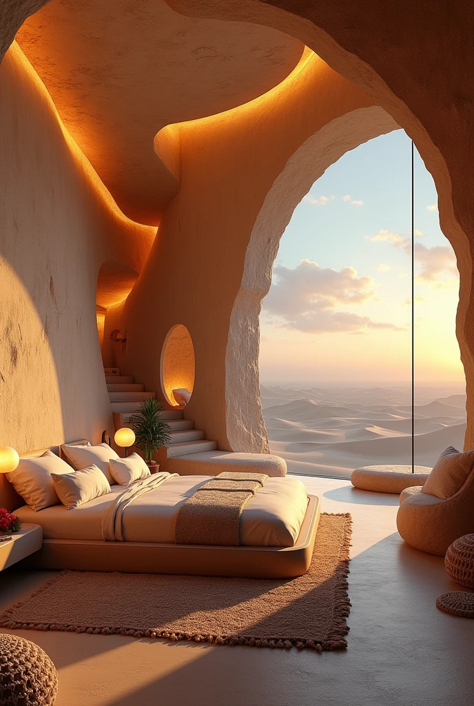 "Design a futuristic bedroom inspired by a desert oasis. The beds are integrated into the walls, surrounded by soft, golden sand-colored lighting. The window offers a view of a serene desert landscape with sand dunes and a clear night sky. The staircase is made of stone steps with a natural, uneven texture, leading to the top bed. The ceiling has warm, soft lights resembling the sun’s rays at sunset, and the floor is covered with textured rugs that mimic the feel of sand beneath your feet, with a few low, cushioned seating areas."