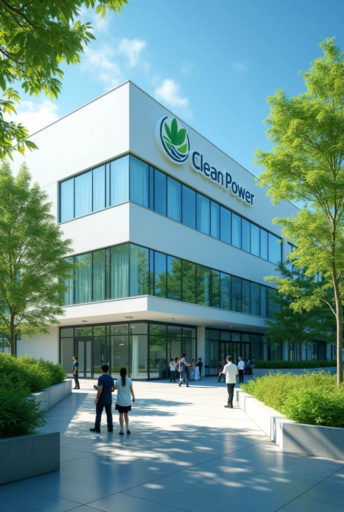 The building has a logo related to cleaning, the company name is Clean Power.