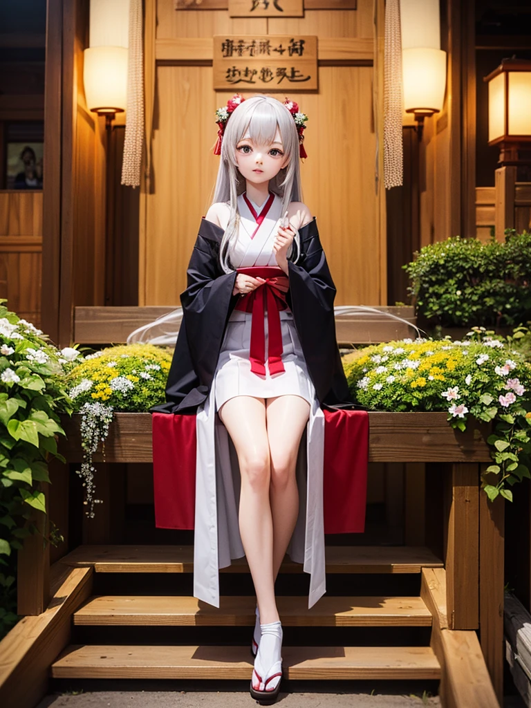 High definition、anime、A pure girl dressed in a shrine maiden's outfit、Flowers sprout from beneath your feet、18age、Halfred with long silver hair、Full body portrait、I can't see my feet、Do not show thighs、Wearing clogs、A long, flowing miko outfit、Large eyes like opals、Powerful eyes、Dance dedicated to the gods