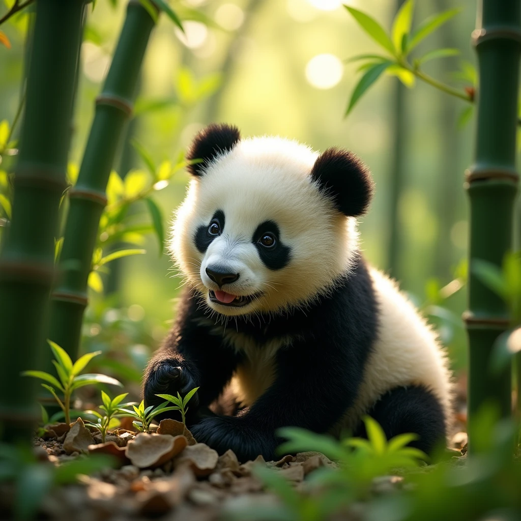 high quality,excellent work,A panda cub,Cute and adorable,Bamboo forest background,masterpiece,HD,wallpaper,Adding details,Extremely high resolution,