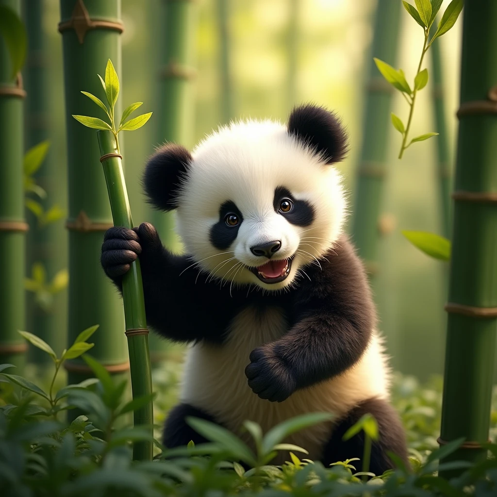 high quality,excellent work,A panda cub,Cute and adorable,Bamboo forest background,masterpiece,HD,wallpaper,Adding details,Extremely high resolution,