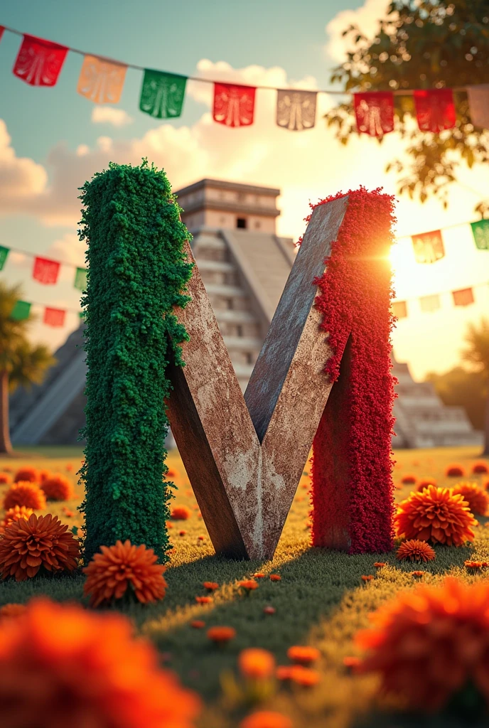 Mexico**: A 3D "M" in the same font-family, with Chichen Itza and the Mexican flag, sprinkled with vibrant festival colors.