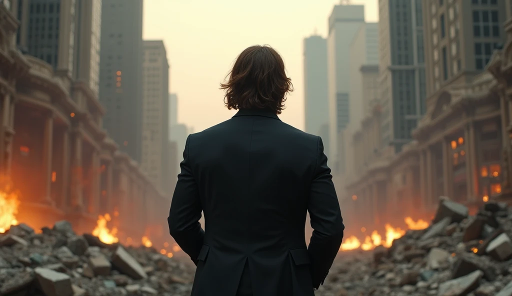 Handsome boy back side view with glasses, destroy city, 5 feet 7 inches height, businessman, stylist car jacket, body fits, medium long stylist normal hair, cinematic, back side view, back side, realities, no face only back side, stylist fitting jacket, destroy everything, medium long hair,tony stark, back, back side, back side, back, back back 