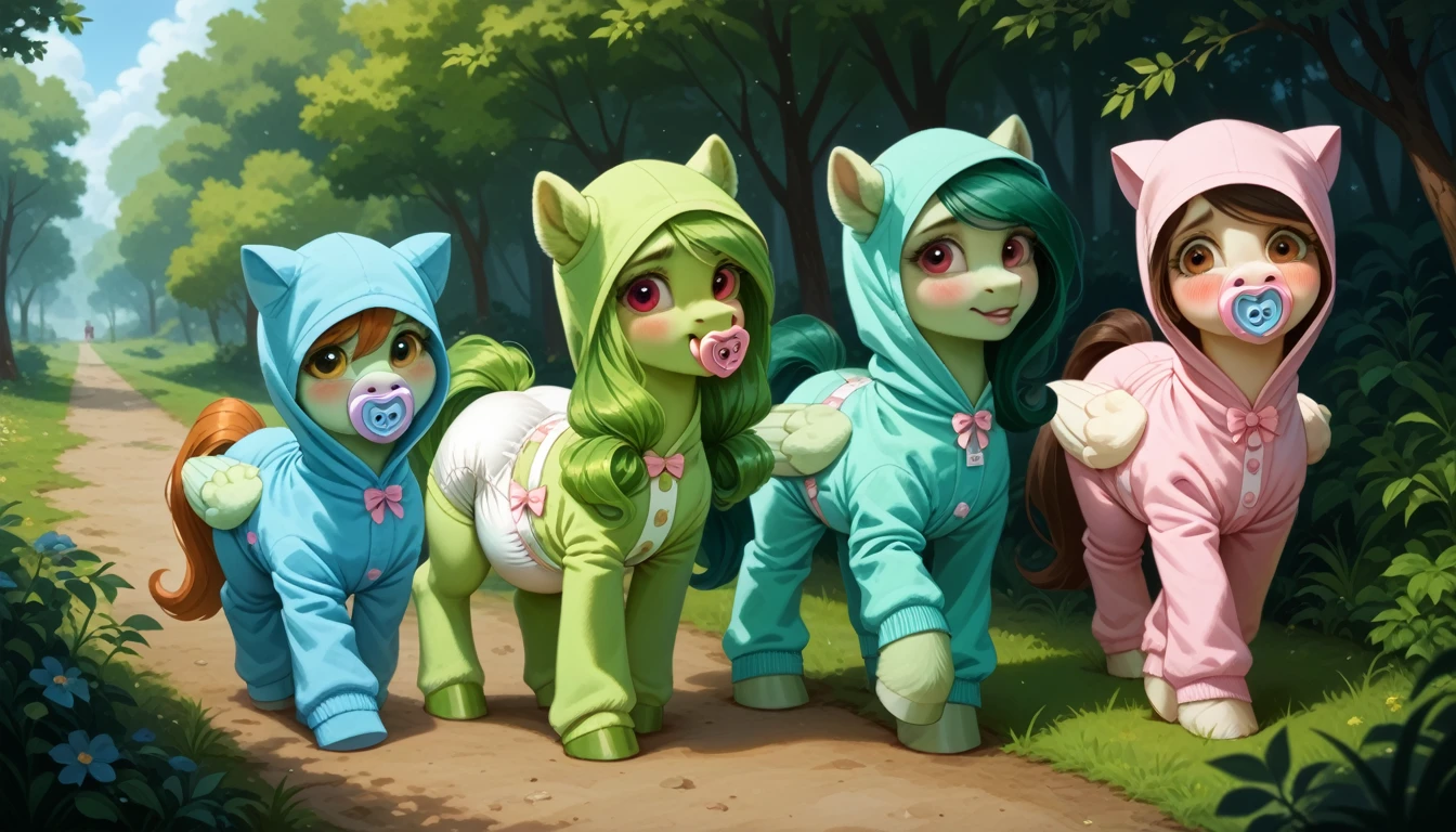 pony, Pegasus, adult mare, emerald green fur, a lush mane, gathered into an adult size bonnet, bushy tail, stands on four hooves, rear hooves spread wide apart, wearing an adult-sized onesie and booties, pacifier in mouth, solo, thick diaper under clothes, pink blush on cheeks, Embarrassment, Awkwardness.