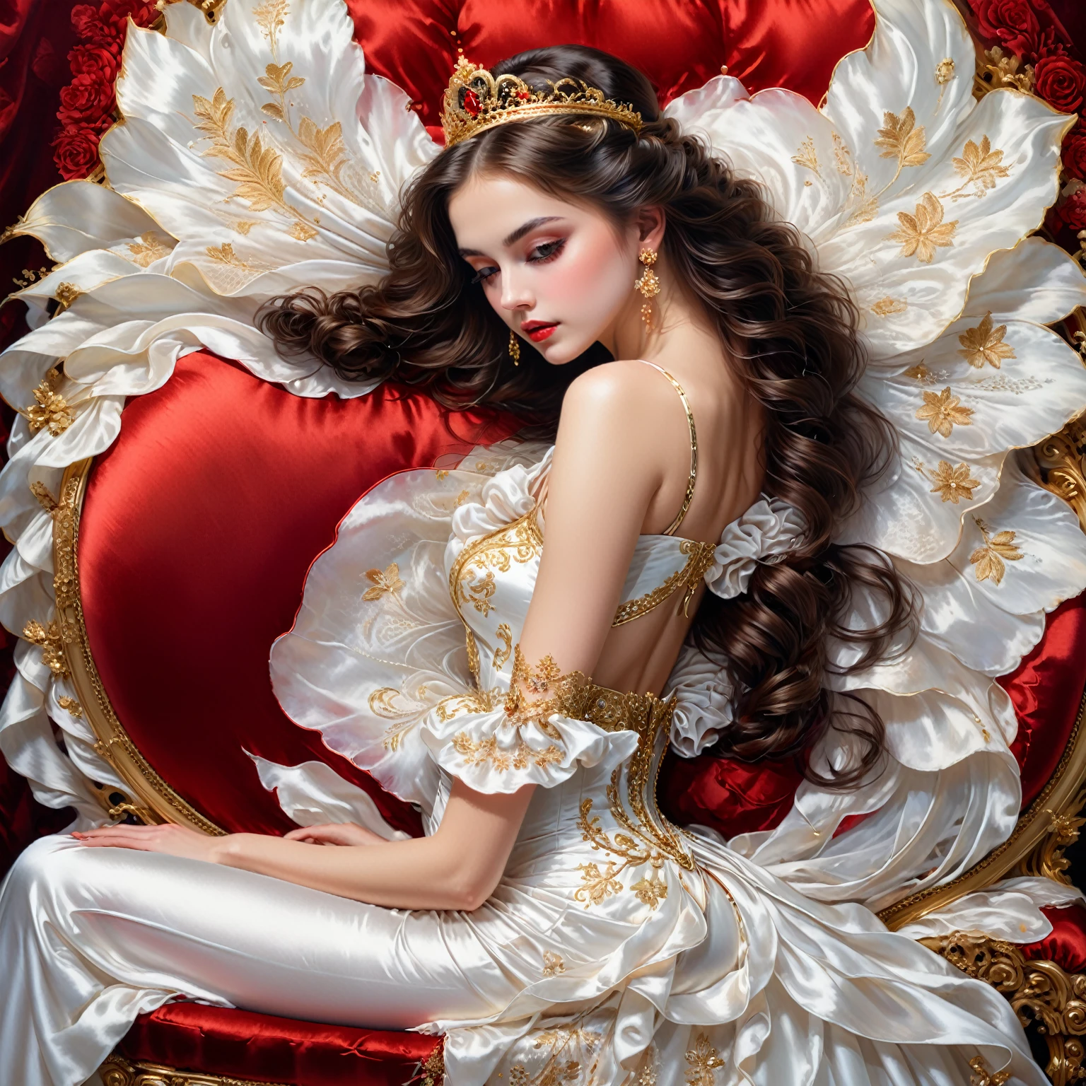 A picture: a woman in a white dress, sitting on a red chair, she rests her elbows on a satin cushion embroidered with gold thread, beautiful languid princess, beautiful fantasy girl, Fantasy Victorian art, karol bak uhd, beautiful fantasy art portrait, portrait of the queen of dreams, beautiful fantasy art, beautiful art uhd 4k, beautiful girl, romanticism portrait, princess portrait, elegant portrait, Princess portrait painting.