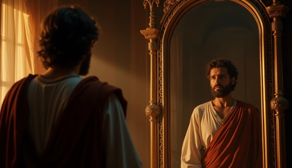 A scene of Pontius Pilate debating with himself, with visible reflections in a mirror behind him. The environment is introspective, with soft light and shadows.