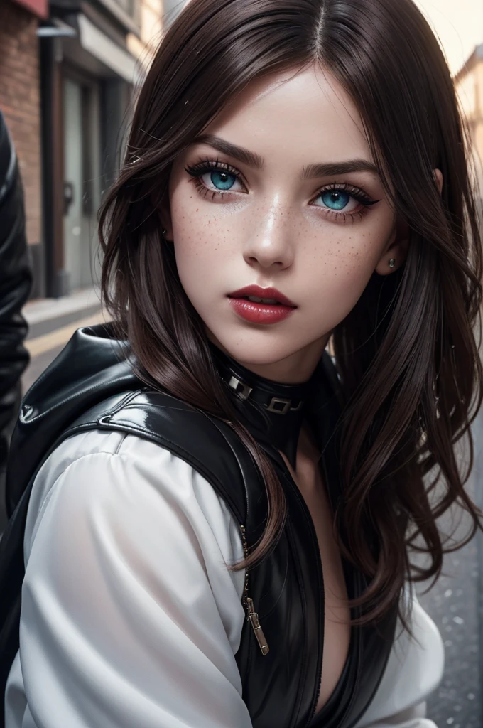 cute girl among men, cute woman with guys, girl with fellas, in a shiny black puffy jacket crawls, face slumbering, cute eyes, mouth agape, Face weary, Face of suffering, Face of heaven, slumbering face, battling men, surrounded by men, caught among men, being approached by men, Hair pulled forcefully, my head is grabbed, Masterpiece, beautiful girl, delicate eyes, Swollen eyes, Of the highest quality, Super high resolution (reality: 1.4), movie lighting, Super beautiful, beautiful skin, (超realistic), (High resolution), (8k), (Very detailed), (beautiful and delicate eyes), (super detailed), detailed face, inclined bangs, reddish-brown hair, 25 years old, in an alley. porcelain white skin sprinkled with freckles, big expressive large green eyes with long lashes, heavily made up with eyeliner and blue eyeshadow with glitter, slim figure, skinny, red lips, shiny red lips, a beautiful and sensual face, goth choker, vinil black jacket, paired with a red sateen mini skirt with black shiny belt, high shiny boots. motherly face, cute face, a lot glitter, glitter clothes, shiny clothes, night, hard made up, a lot made up, hard make up, goth make up, she looks up, on her knees, look up, open mouth, night, on her knees looks up, lots of cum in her mouth, cum on her face, detailed portrait, photo-realistic, beautiful detailed eyes, beautiful detailed lips, extremely detailed face and skin, long eyelashes, natural lighting, warm color palette, cinematic composition, highly detailed, hyper realistic, 8K, masterpiece