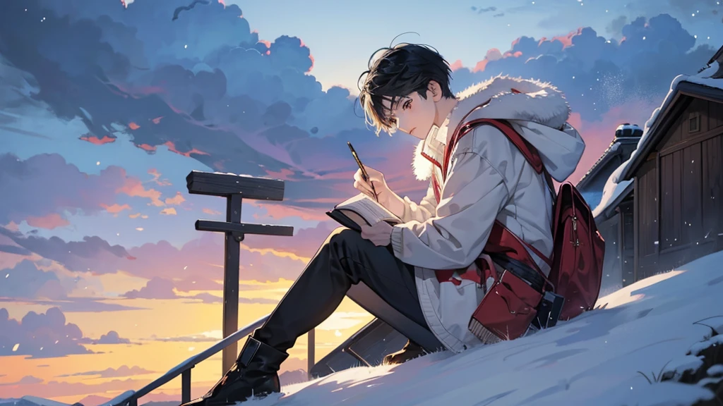 anime boy writing a book in a cozy winter setting, an anime drawing by Yuumei, pixiv contest winner, fantasy art, anime art wallpaper 4 k, anime art wallpaper 4k, anime art wallpaper 8 k, 4 k manga wallpaper, realistic anime artstyle, high quality anime artstyle, epic anime style, anime style 4 k, hd anime wallaper