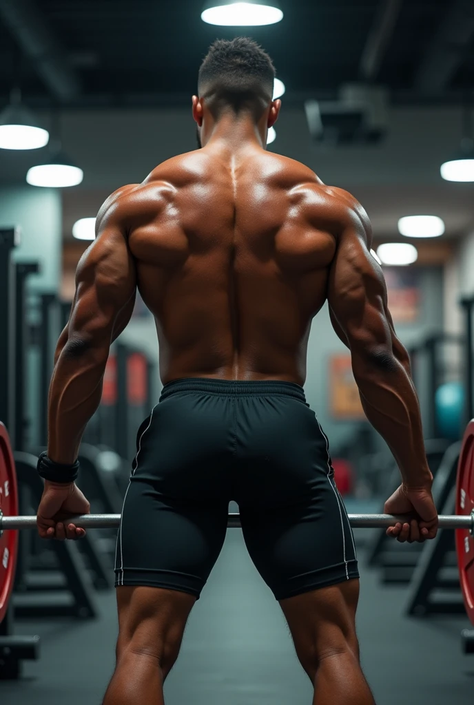 Wriothesley doing deadlifts with an Olympic barbell, with his back to the camera and showing off his glutes.