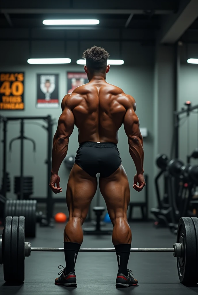 Wriothesley doing deadlifts with an Olympic barbell, with his back to the camera and showing off his glutes.