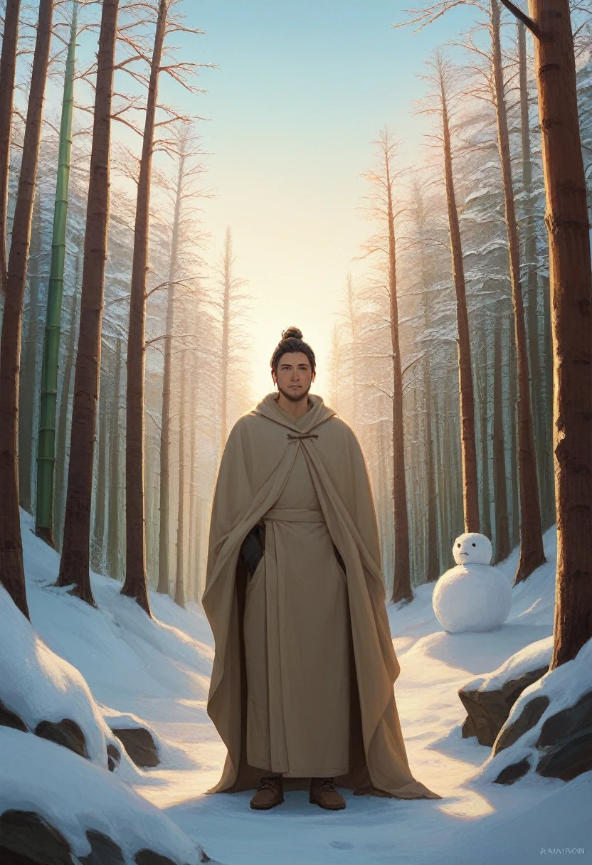 Eyes looking into the distance illustration composition composition full body painting handsome ancient costume long-haired handsome guy character corridor enjoys the snow,Background is a corridor or pavilion,Composition needs to have snowflakes and plants covered in snow,There are bamboo, pine trees, and a snowman. The character is wearing casual clothes.,The tunic is draped over the shoulders(This must be the feeling of an outer garment worn on the body,It can have an undergarment,No need for a cloak) Character in traditional Chinese style,Hair can be loose or half-tied,The overall feeling should be relaxed and lazy. There is a hawk beside him