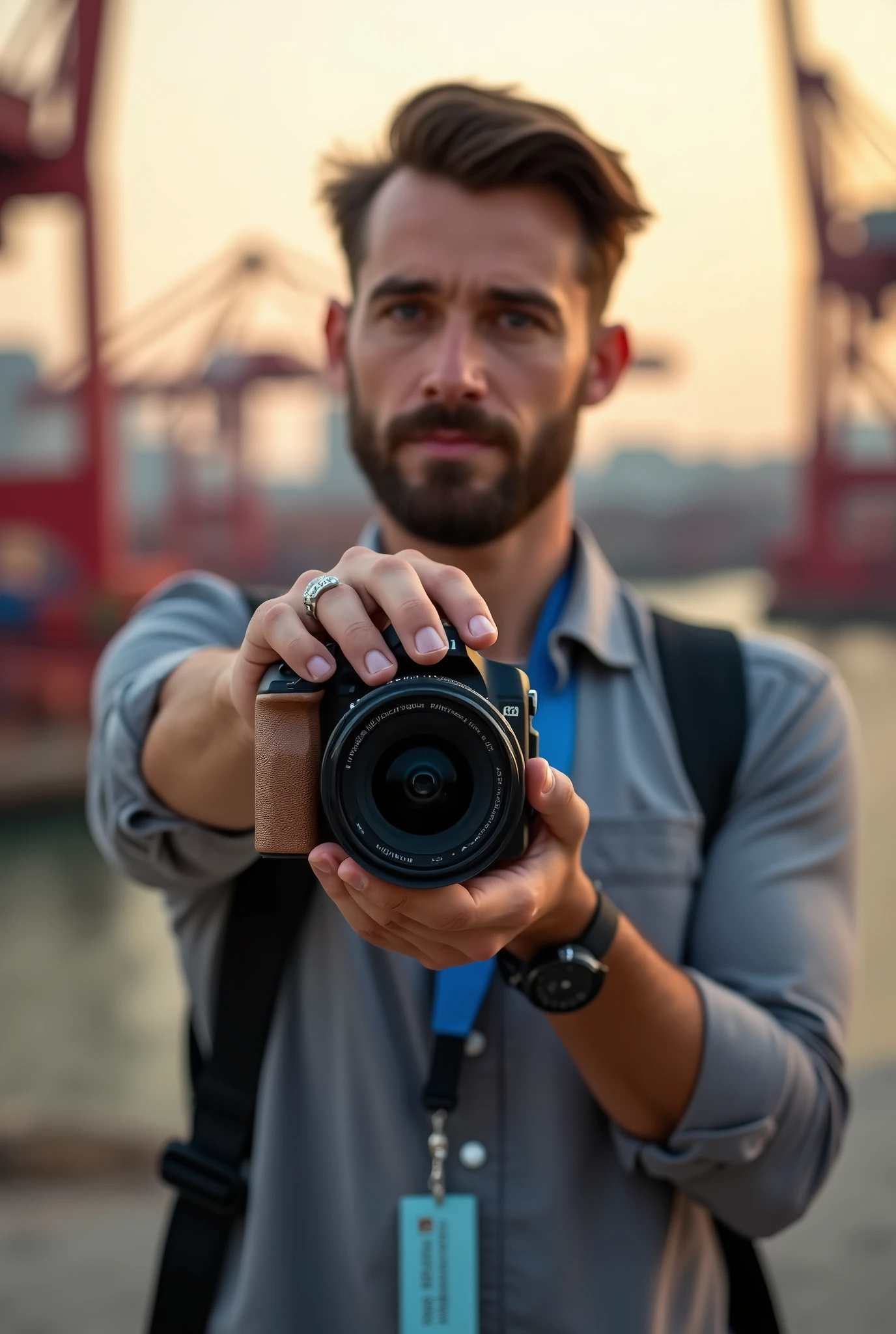 The image annotation task involves identifying and describing the objects and features present in the photograph. In this case, the main object is the professional DSLR camera, which is a black, high-end model with multiple lenses and dials. The camera is equipped with a large lens, suggesting its use for photography that requires precision and depth of field control. The man's attire, including the casual grey shirt and the blue lanyard, suggests a relaxed yet professional setting. His accessories, such as the ring and watch, add to his stylish appearance. The background provides context, indicating an outdoor location with industrial elements like cranes, which could imply a city or port area. The lighting conditions suggest it might be either dawn or dusk, contributing to the overall ambiance of the scene.