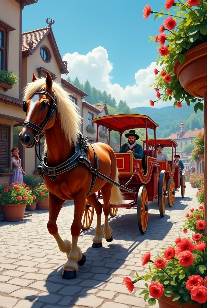 A horse is pulling three carriages.