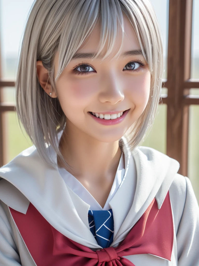 (A beautiful girl in a bright nordic setting, face lighting, realistic, cute, sexy, slim, extremely detailed eyes, droopy eyes, clear eyes, extremely detailed face:1.25), (ultra short fluffy hair,silver hair:1.5),(close-up of face,smiling:1.25), (japanese highschool uniform:1.5),detailed skin, intricate details, high quality, detailed background, soft lighting, detailed clothing, natural pose, cinematic lighting, volumetric lighting, digital art, photorealistic, vibrant colors, sharp focus, hyper detailed,Highres fix