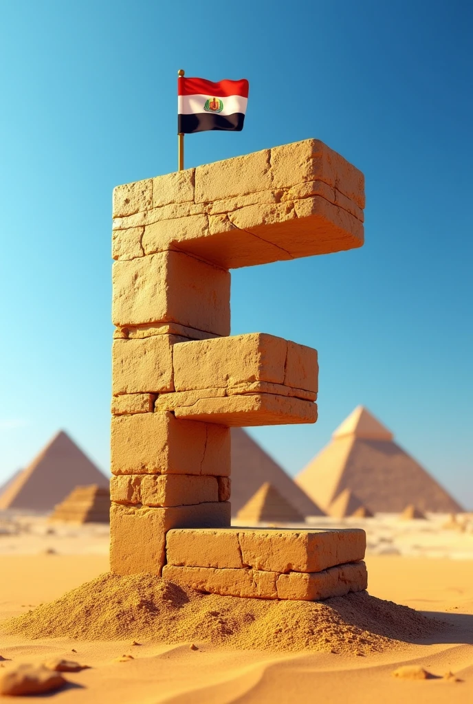 Egypt**: A 3D "E" in the same font, with the Pyramids of Giza and the Egyptian flag, with a sprinkle of ancient desert sand.

