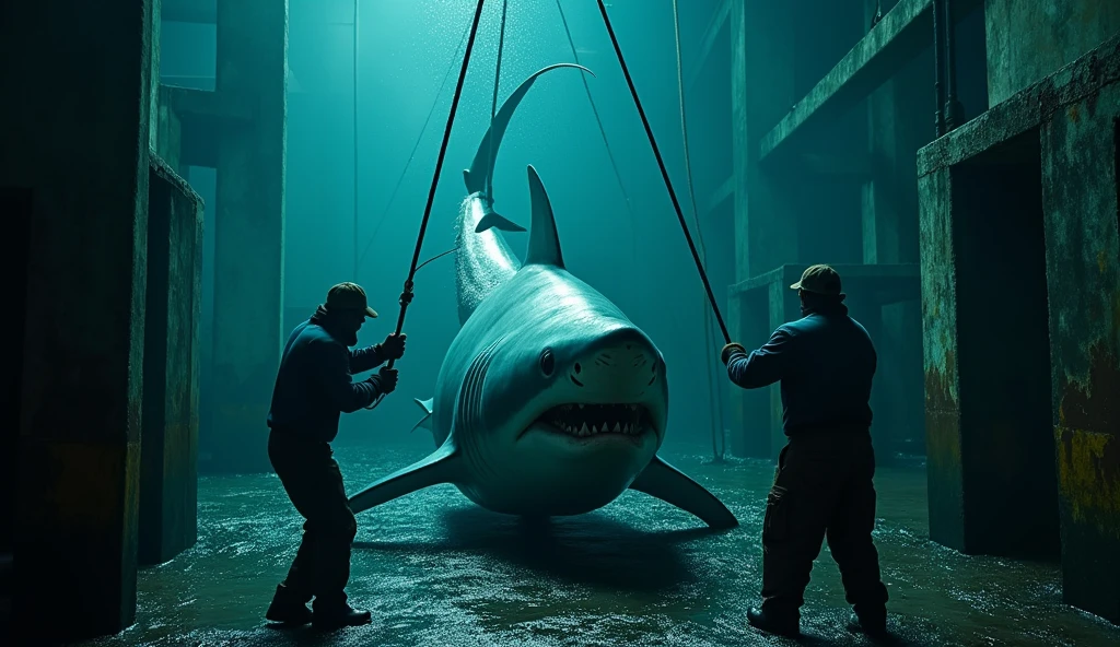 a shocking shark fishing and factory processing, meat, skin, fins unleashed, high realism, ultra detailed, 8k, award winning photography, dramatic lighting, gritty documentary style, moody blue and green tones, strong shadows, visceral and intense, cinematic composition, high contrast, ultra fine details, photorealistic, hyperrealistic, realistic skin textures, realistic shark anatomy, extreme detail, physically based rendering, sharp focus, vivid colors, studio lighting, best quality