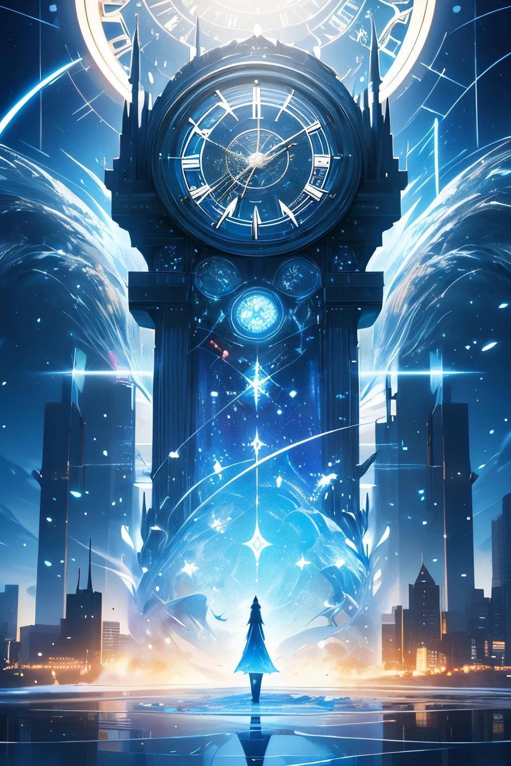 there is a clock that is on the side of a building, frozen time effect, crystalized time warps, time vortex in the background, 4k highly detailed digital art, surrealism 8k, 3d digital art 4k, caught in the flow of time, digital art 4k unsettling, moment frozen in time, time warping, surreal 3 d render