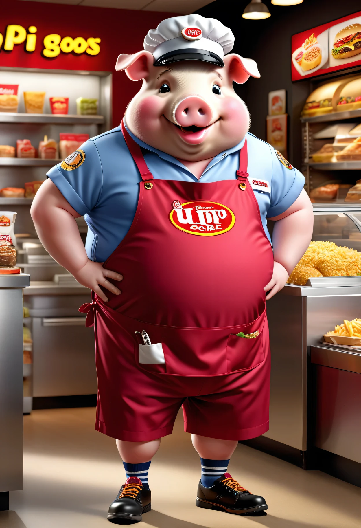photorealistic portrait of Dressed animals-a ((fat)) (pig) worker,(furry), (elegant pose:1.5), (hands on hips:1.5),(smile:1.5),high quality,(),(lovely) ,intricate details, Wearing fast food shop uniform , ( wearing apron and cap), highly detailed ((fast food shop uniform)) ,highly detailed pants sneaker and high sox , (happy), soft lighting,(full body image:2.0),in fast food shop background,,score_9, score_8_up, score_7_up, score_6_up, score_5_up, score_4_up,