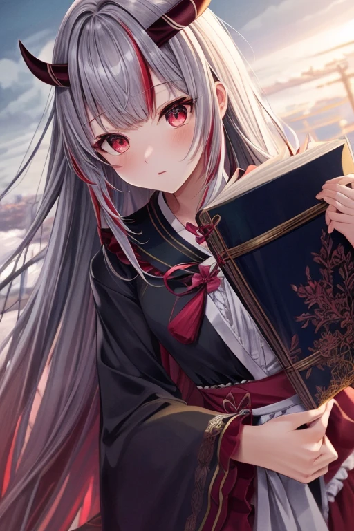 8k, Highest quality, Manga style, View your viewers, Intricate details,One person, Nakiri Ayame, 2Demon horns in the book, Multicolored Hair, Long Hair, Red eyes, Gray Hair,