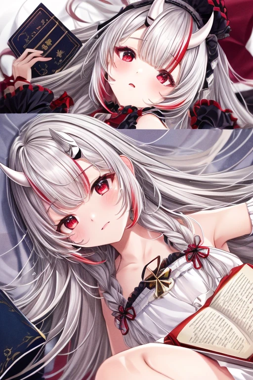 8k, Highest quality, Manga style, View your viewers, Intricate details,One person, Nakiri Ayame, 2Demon horns in the book, Multicolored Hair, Long Hair, Red eyes, Gray Hair,