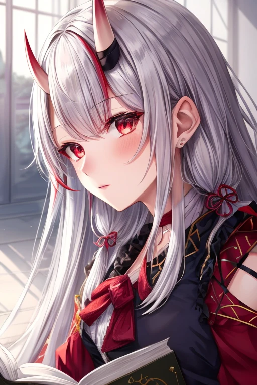 8k, Highest quality, Manga style, View your viewers, Intricate details,One person, Nakiri Ayame, 2Demon horns in the book, Multicolored Hair, Long Hair, Red eyes, Gray Hair,