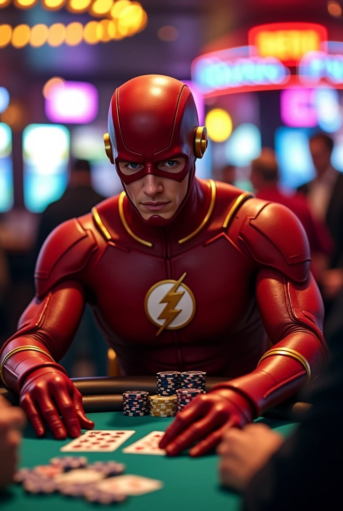 realistic flash character at a poker table playing, excellent image quality, bright colors