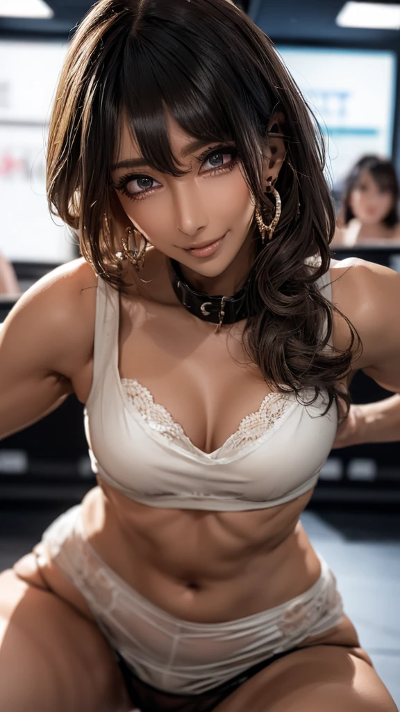 (Two mischievous instructors are taking off their clothes.:1.65),Two beauties,Face to face,(Open mouth smiling orgasm expression:1.4),(Dark Skin:1.95),(Sexy 21-year-old blonde:1.35),(Compensate:1.26),(Red false eyelashes),Beautiful breasts、(Observe the audience:1.5),(Blonde Undercut Hairstyles),(Black and white frilly lace panties),White mini skirt、garter belt,Fleshy pubic area,Putting on a collar,Handcuffs on both hands,Gorgeous Earrings,Put your feet on the toilet,,Highest quality,Highest quality,8k,Cinema Lighting,,Clear panty line,The center of the panty is wet,Oilskin,Zoom in on the crotch,From below,Being attacked by a man,(I'm feeling ecstasy)