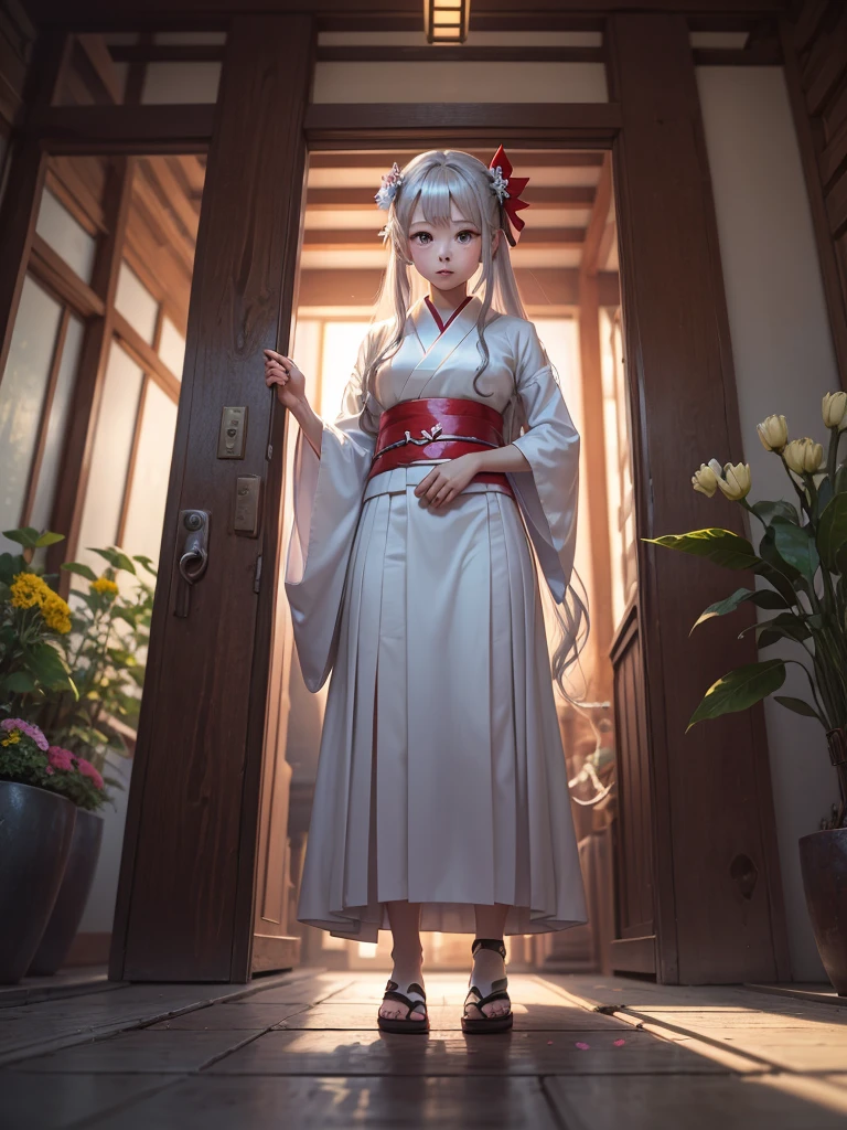 High definition、anime、A pure girl dressed in a shrine maiden's outfit、Flowers sprout from beneath your feet、18age、Halfred with long silver hair、Full body portrait、I can't see my feet、Do not show thighs、Wearing clogs、A long, flowing miko outfit、Large eyes like opals、Powerful eyes、Dance dedicated to the gods