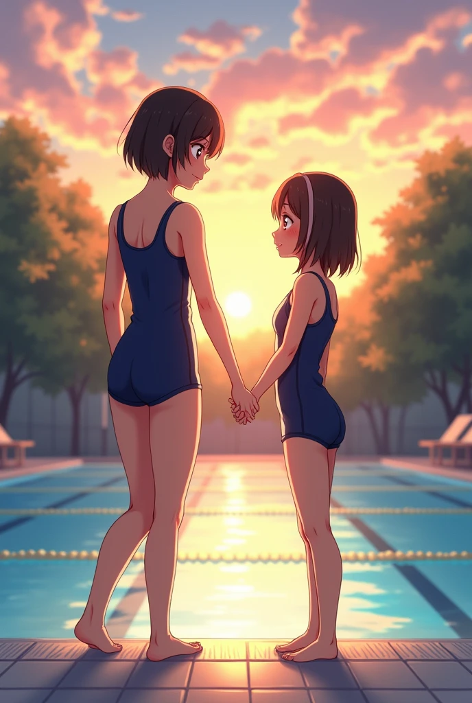 ((best quality)), ((masterpiece)), (detailed), Two beautiful girls in navy school swimsuits holding hands by the school pool,Backwards,Older sister and younger sister,A 10-year-old sister and her sister,Two figures shining in the setting sun,The evening sky and two sisters,Beautiful scenery,Whole body,Memories of a summer day,2 people with short hair,Japanese,Competitive swimming suits,
