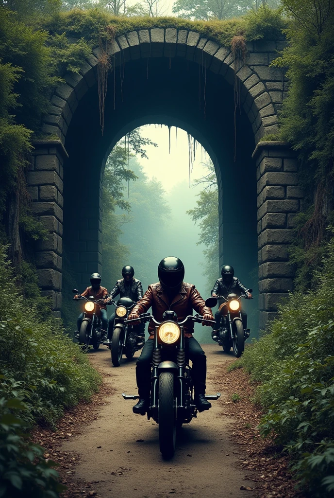 A logo with an abandoned mine entrance and some motorcyclists in the background