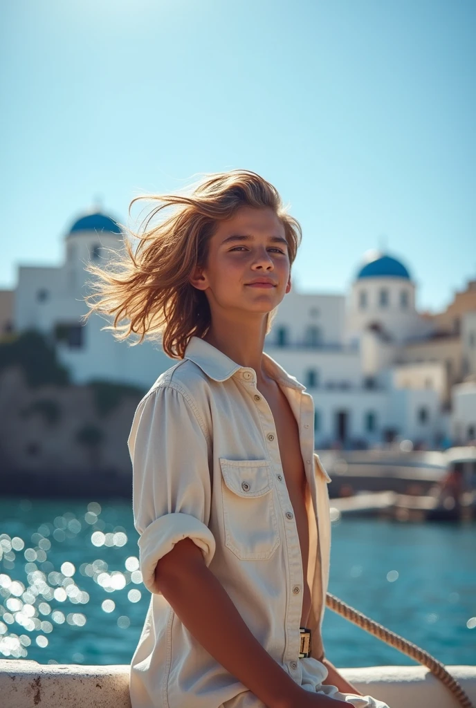 Handsome age boy with long brown hair, wearing light clothes, on a boat with a view of Santorini Island and bright sunshine. Best quality.