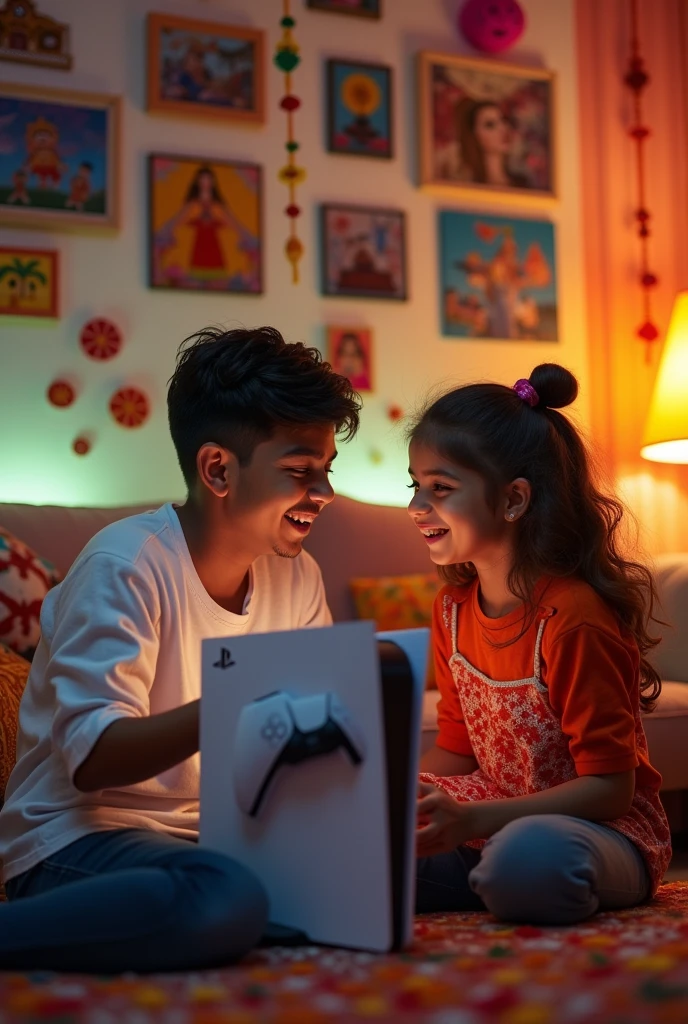 A joyful scene where a brother is surprising his sister with a PS5, surrounded by gaming memorabilia and festive Rakshabandhan decorations, all set in a cozy, well-lit gaming room. Show anime character. Write Resurgence Wishes Happy Rakhi at the top of the same image