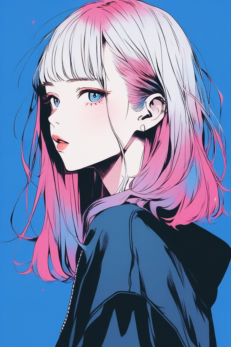 Illustrator, Japanese Manga , Actual ,sketch , 1 person, ,lips, sweater,order, Blue gradient background, Neon Hair,Texture Trim, Canadian, (masterpiece,Highest quality) Cancer,Highest quality, sketch:1.2),Realistic,Illustrator,anime,1 , 詳細なlips,custom,Neon Hair,Texture Cropping,masterpiece, Style: Retro Classic, Dark Black、Breaking the photo、have、Sitting on the sofa、Black Hair、Large T-shirt、profile