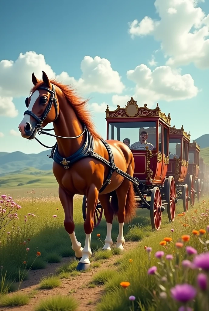A horse is pulling three carriages.,Arrange horizontally