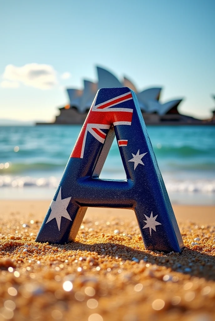 Australia**: A 3D "A" in a sleek, modern font, with the Sydney Opera House and the Australian flag waving, surrounded by a sprinkle of golden sand.