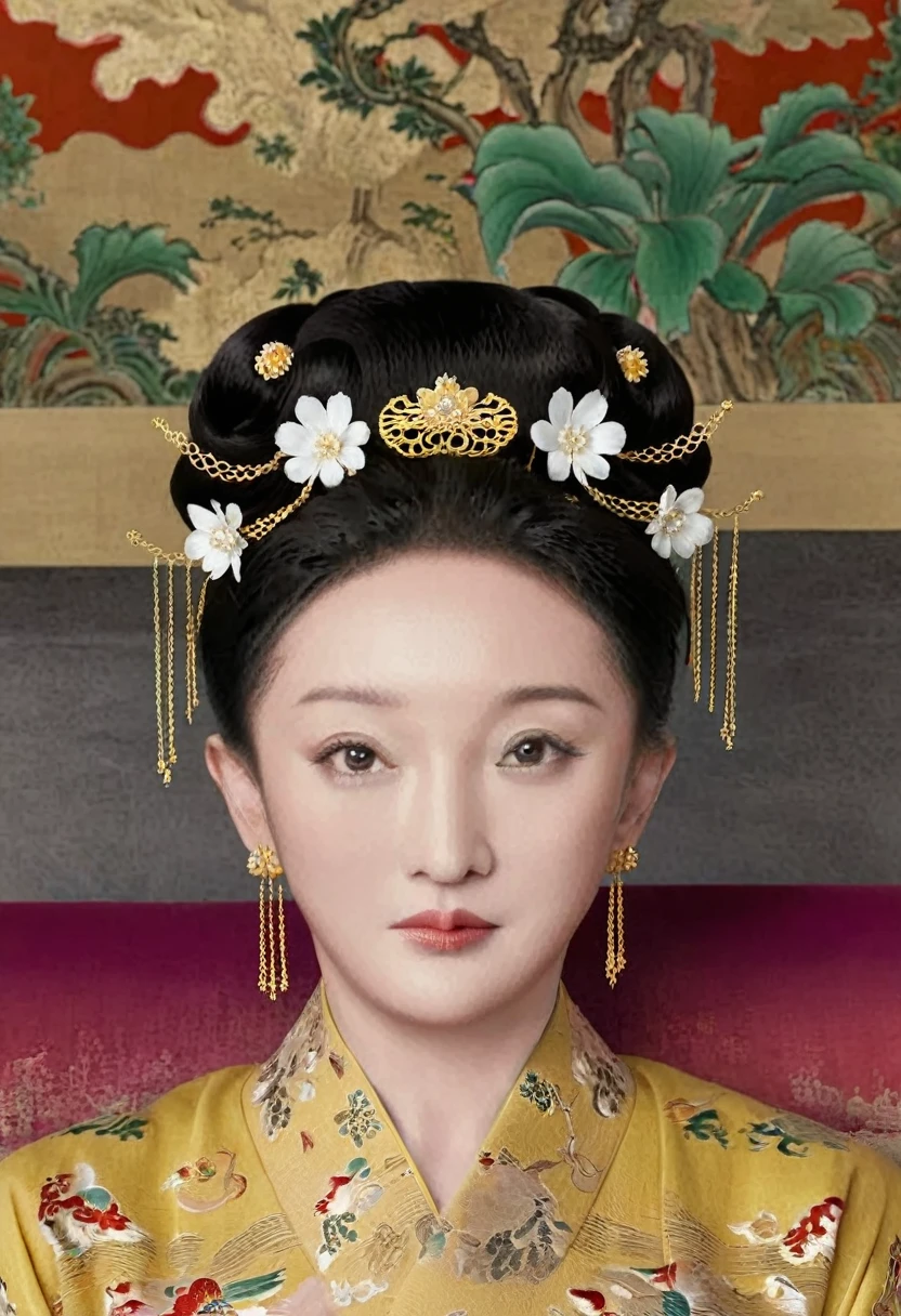 From the pre-Qing period, The Empress sits naked on a large golden sofa in the palace,  Her legs were spread, At the Chinese court during the Qing Dynasty, Empress of the Qing Dynasty, Wearing the great crown of the Chinese Empress, Belly and thighs visible from below.。She is completely naked, Showing off gorgeous large flowers and hairpins, She tied her hair up and pulled it up, 背景はEmpress of the Qing Dynastyの豪華な宮殿.