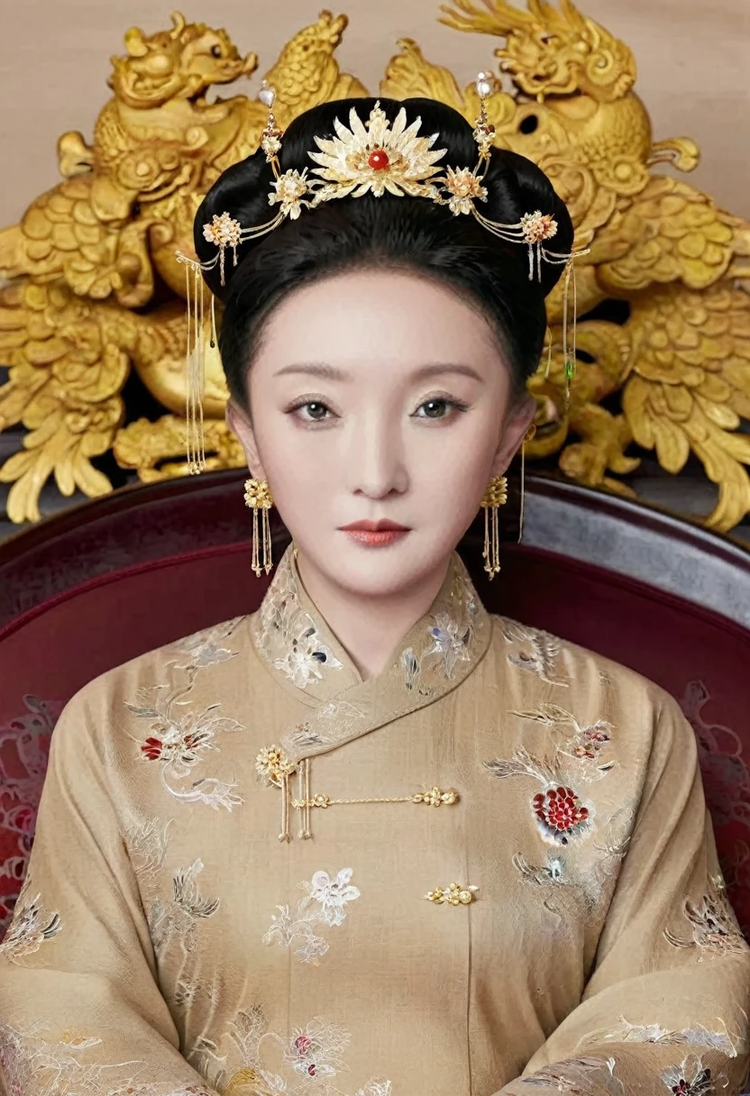 From the pre-Qing period, The Empress sits naked on a large golden sofa in the palace,  Her legs were spread, At the Chinese court during the Qing Dynasty, Empress of the Qing Dynasty, Wearing the great crown of the Chinese Empress, Belly and thighs visible from below.。She is completely naked, Showing off gorgeous large flowers and hairpins, She tied her hair up and pulled it up, 背景はEmpress of the Qing Dynastyの豪華な宮殿.