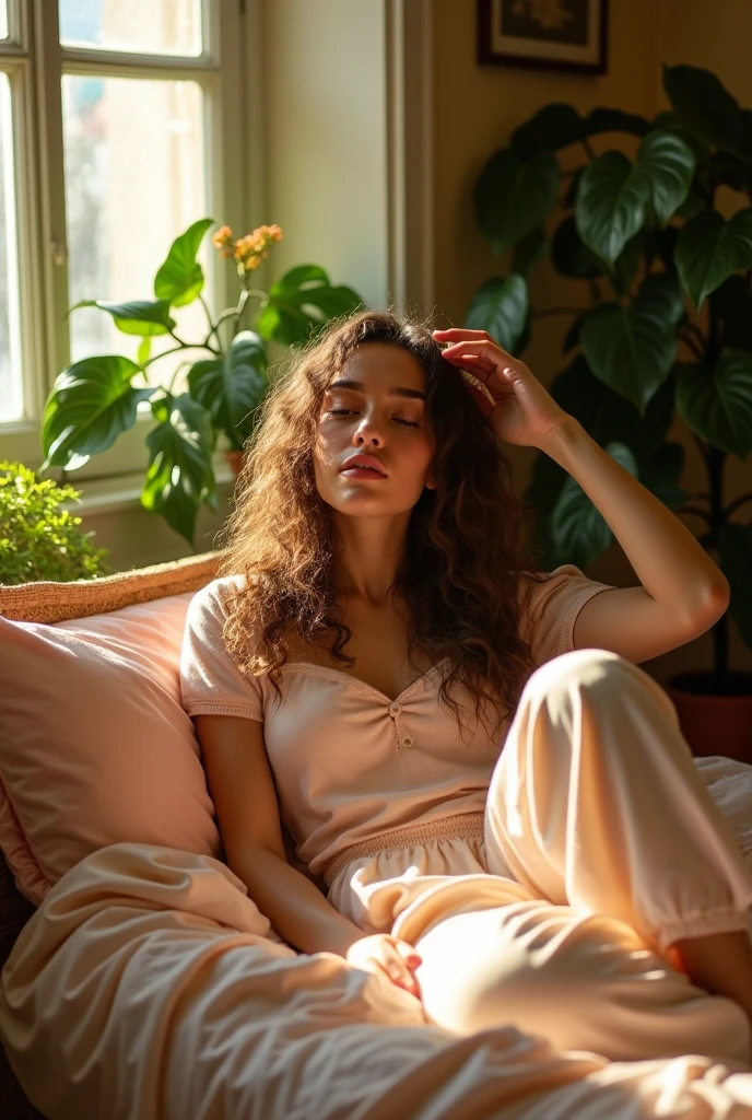 (photorealism:1.2), beautiful woman, sitting on bed, wearing loose off-shoulder top, pajama pants, long curly hair, indoors, soft lighting, plants in background, window with sunlight, cozy room, relaxed pose, realistic, intricate details, warm colors, by Greg Rutkowski, by Alphonse Mucha