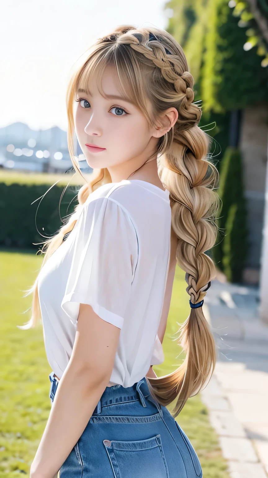 Sexy Big 、Sexy cute looks and cute 15 year old beautiful girl, beautiful and sexy face、A strong wind blows my hair in front of my face、beautiful long blonde French braided hair、beautiful, Cute and sexy eyes hidden behind long bangs