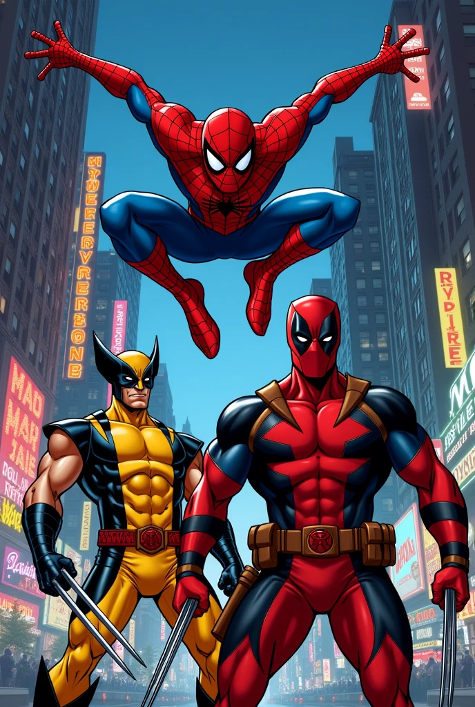 Spiderman , Wolverine and Deadpool in the style of Marvel Comics