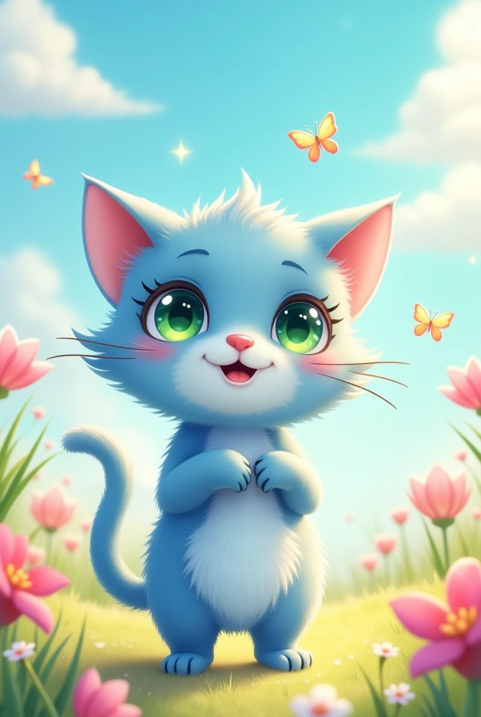 chibi style blue cat in 3D anime