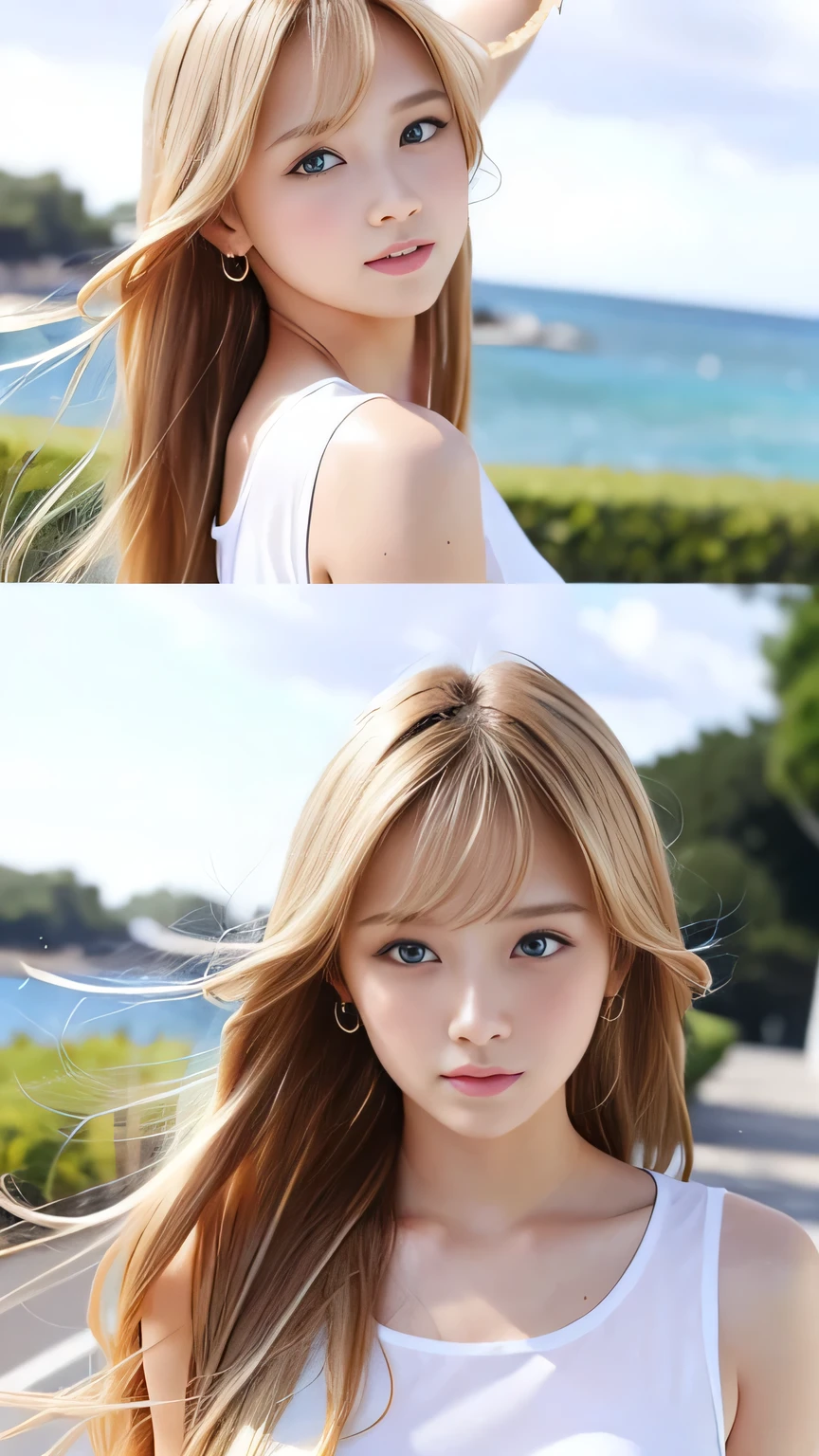 Sexy Big 、Sexy cute looks and cute beautiful girl, beautiful and sexy face、A strong wind blows my hair in front of my face、beautiful long blonde French braided hair、beautiful, Cute and sexy eyes hidden behind long bangs