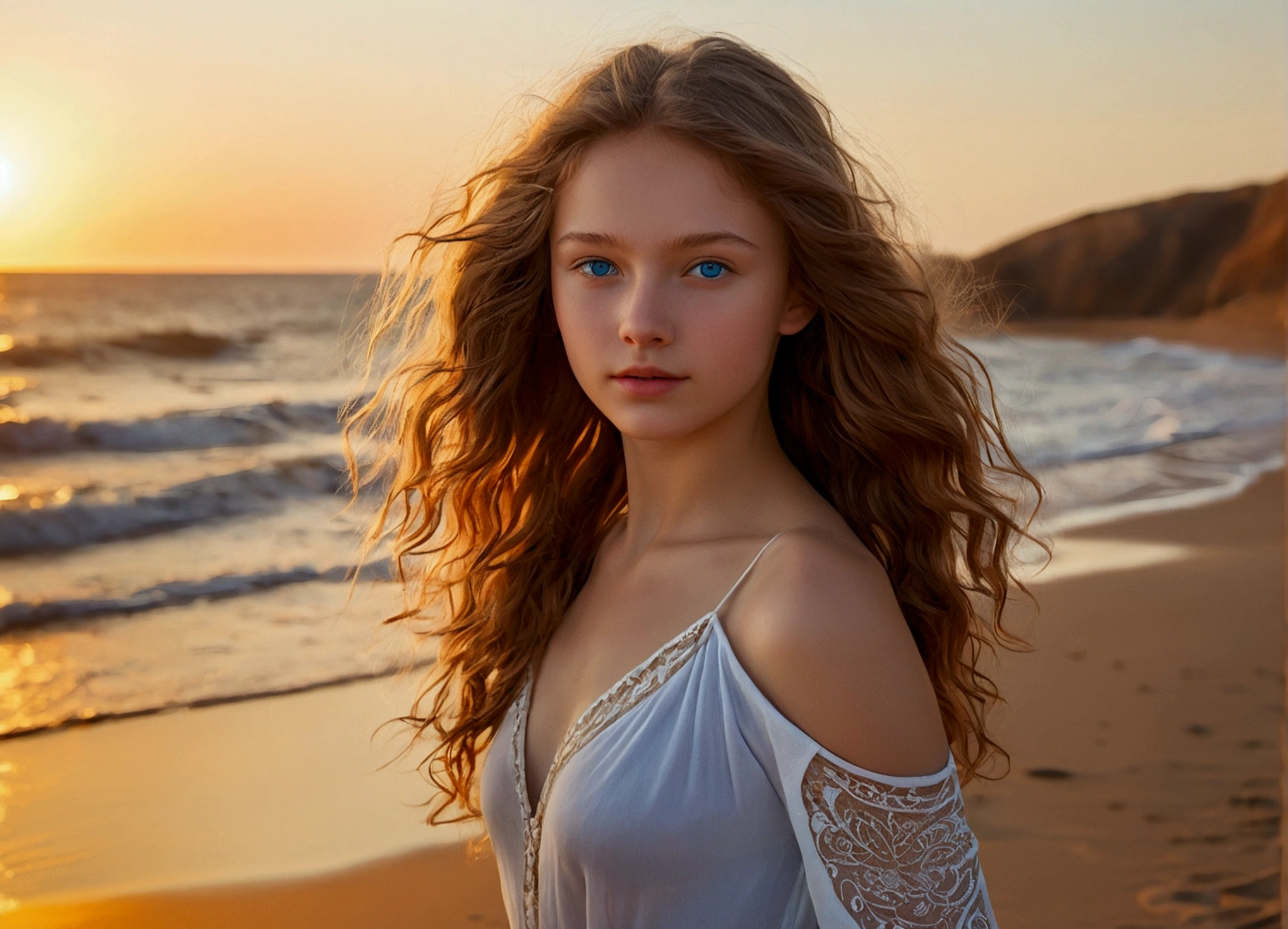 A photorealistic portrait of an 18-year-old Russian girl stands poised on a sheltered sandy beach, her blue eyes shining with vibrancy and her wavy brunette hair tousled by the ocean breeze. She adopts an elegant pose that her naked body and natural beauty and smaller physique, with the gentle waves lapping at her feet. The setting sun casts a golden light, enriching the colors of the scene and creating high-quality, immersive details that highlight the textures of her surroundings in this intimate and captivating full-body shot