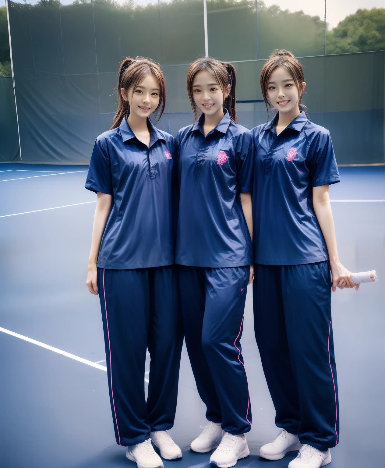 3 girls play tennis at tennis courts, Navy blue short-sleeved shirt,Navy Long Trackpant,Sweatpants, Sweatpantsขายาว,25 year old girl, lesbian, sexy, exercise clothes, wet body, exercise clothes