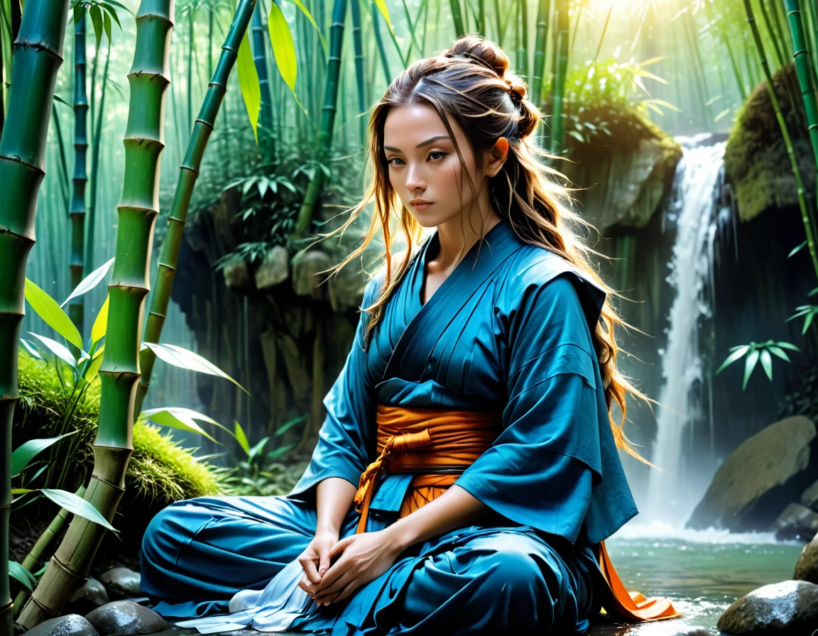 a picture of a (female monk: 1.2) sitting and meditating near a waterfall in a bamboo forest,  there is a human woman monk wearing monk garbs, (epic sized waterfall: 1.3), dynamic hair color, long hair, full body (best details, Masterpiece, best quality :1.5), ultra detailed face (best details, Masterpiece, best quality :1.5), ultra feminine (best details, Masterpiece, best quality :1.5), exquisite beautiful (best details, Masterpiece, best quality :1.5) dynamic hair color hair, long hair, wavy hair, pale skin, dynamic eyes color, intense eyes, water coming down from a volcanic cliff, she is sitting in a rich epic bamboo forest, clear water in many hues of blue and azure, it is the dawn of day, between night and day, the sun is rising, a time of meditation and serenity, bamboo forest background, fantasy art, photorealistic, D&D art, ultra best realistic, best details, best quality, 16k, [ultra detailed], masterpiece, best quality, (extremely detailed), ultra wide shot, photorealism, depth of field, hyper realistic painting, Cinematic Hollywood Film