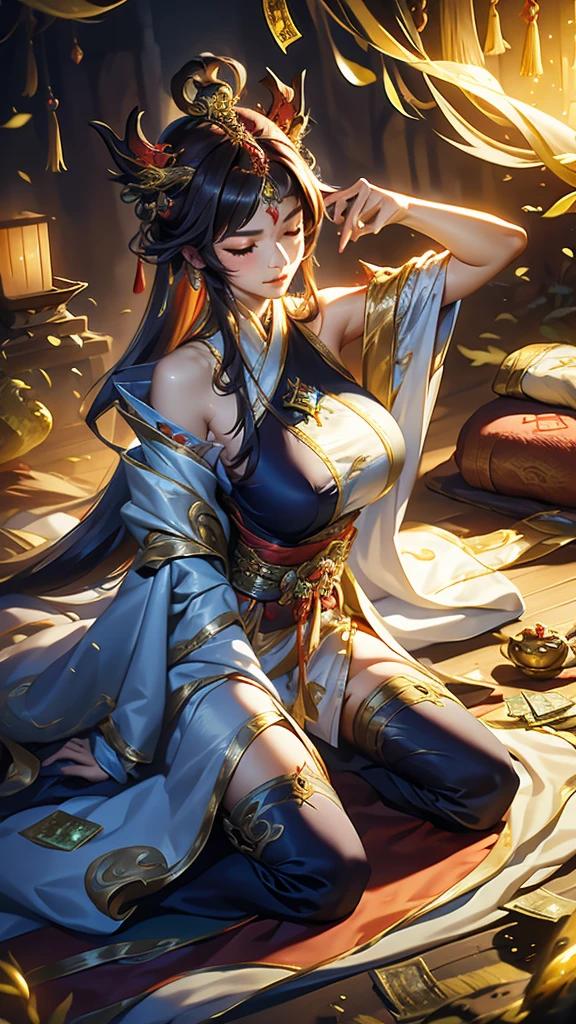 an oriental girl,Sharp features,Eyes closed, radiating a glow,A slight upward curve to the lips,Dragon Horn,Big breasts,long hair shawl,thin waist,Dressed in Tang Dynasty attire,A cave overflowing with treasures,Counting money while sitting