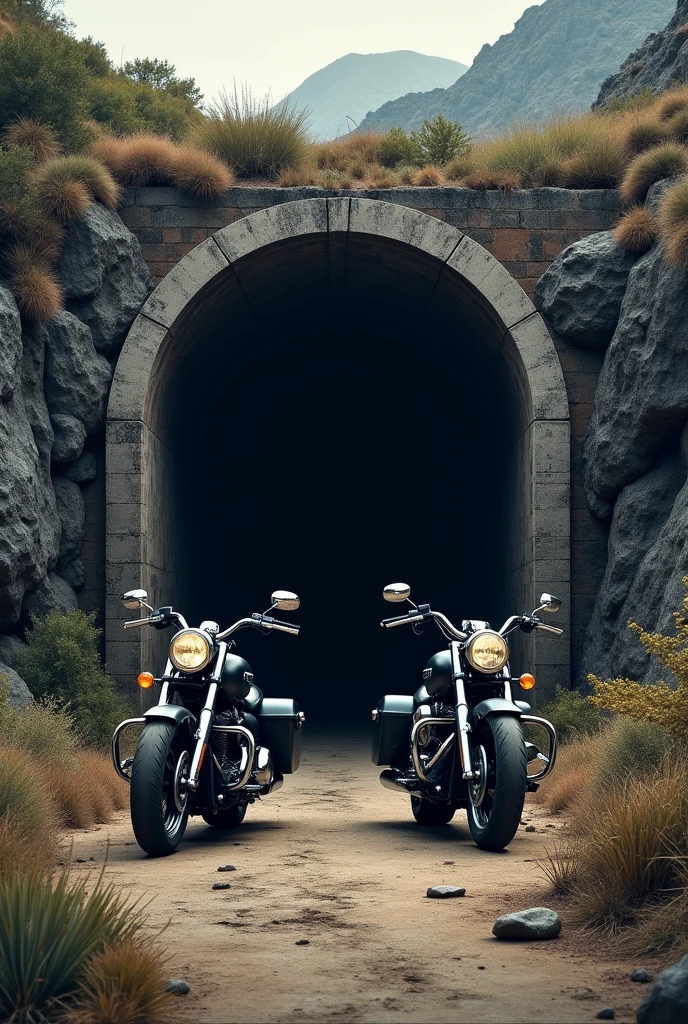A logo featuring a background of an abandoned mine entrance with motorcycles.

