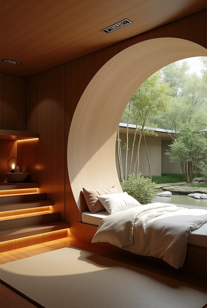 "Create a futuristic bedroom with a modern Japanese Zen aesthetic. The pod-style beds are built into minimalist, smooth wooden walls, surrounded by soft, warm lighting. Replace the window with a serene garden view featuring bamboo and a small koi pond. The staircase is made of smooth, dark wood steps with built-in soft lighting, leading to the top bed. The ceiling has gentle, recessed lighting that mimics natural sunlight filtering through shoji screens, and the floor is covered with tatami mats, accented by low, cushioned seating and simple, elegant decor."