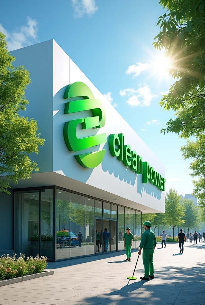 The building has a logo related to cleaning. The company name is Clean Power.
