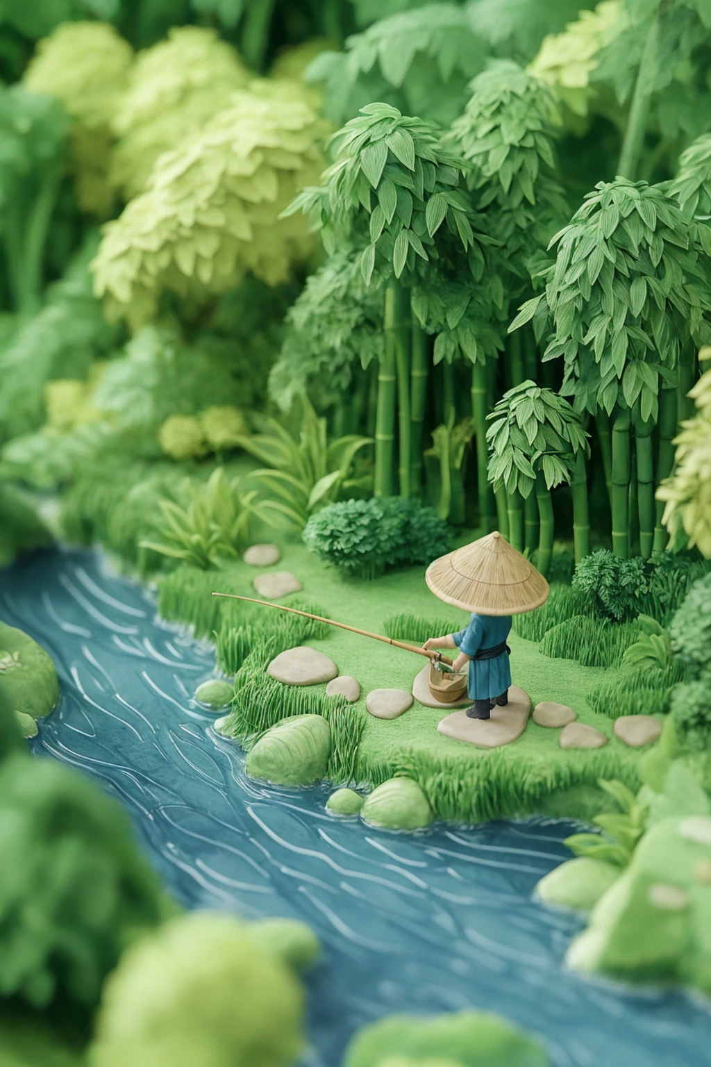 isometric composition, 3d render of a miniature scene of a verdant bamboo forest behind a fisherman fishing at the riverbank, late afternoon